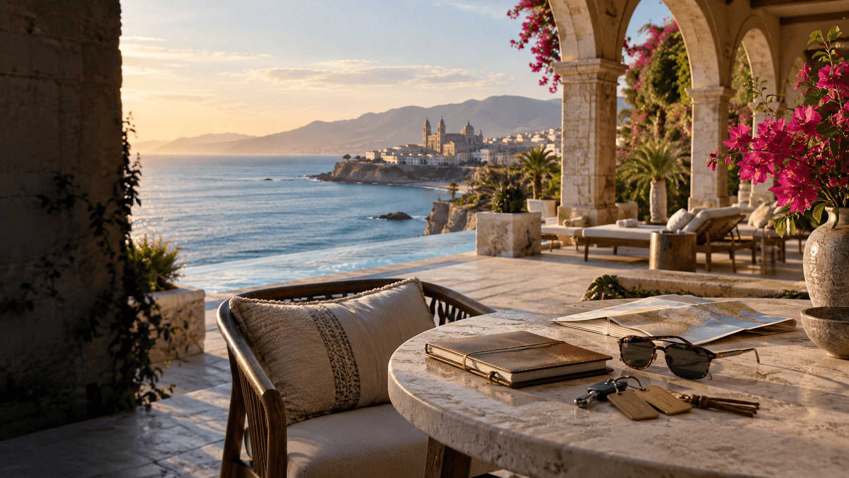 Terraza frente al mar con un mapa y una libreta para planear un viaje